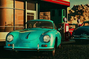 Porsche 356 dans une vieille station-service avec deux vieux américains
