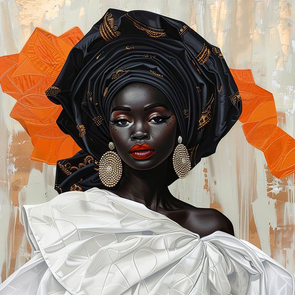 Afrikaanse vrouw in oranje en goud van Poster Art Shop