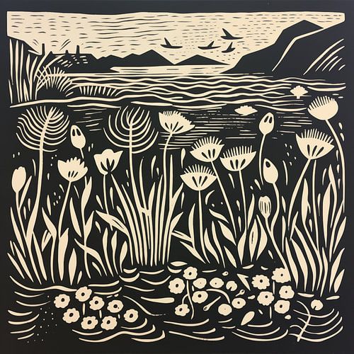 Linoldruck einer Schwarz-Weiß-Landschaft mit Blumen