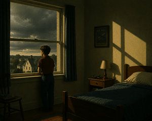 Contemplative Boy by Window Atmospheric Small Town View Oil Art