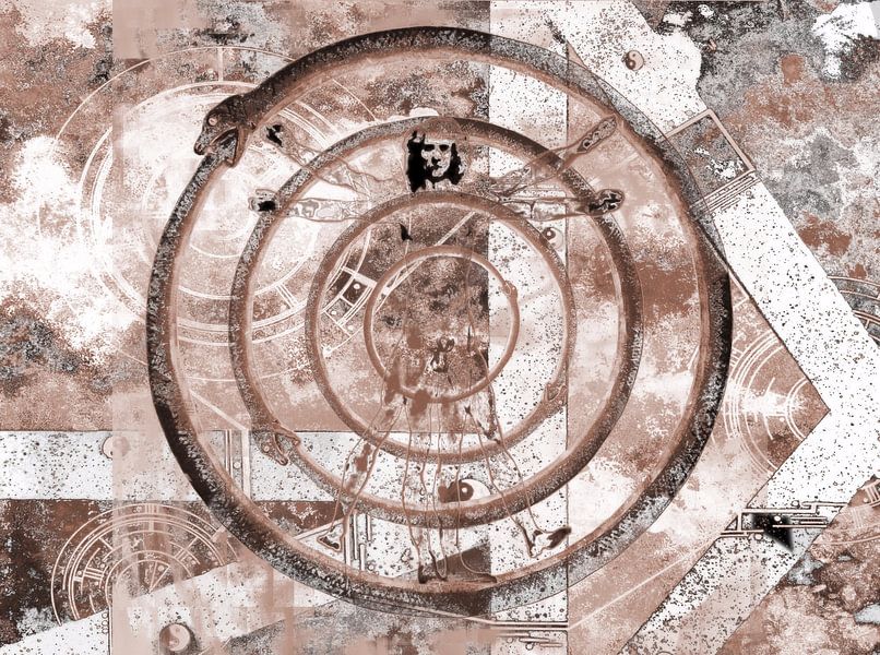 Vitruvius and ouroboros in sepia by Greta Lipman