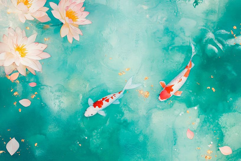 Poissons koï dans une eau claire avec nénuphars par Poster Art Shop