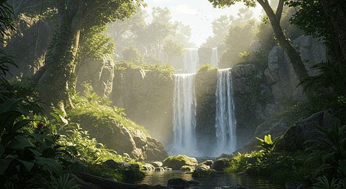 Waterval idylle in het zonlicht - Dubbele trapsgewijze boswaterval