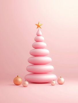 Minimalistische roze kerstboom met gouden ster en zachte pastelballen
