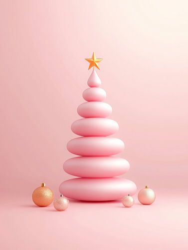 Sapin de Noël minimaliste rose avec étoile dorée et boules douces pastel