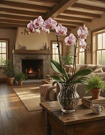 Een Phalaenopsis schilleriana-orchidee in een doorzichtige glazen vaas van Regan Frederick