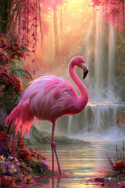 Flamant rose et fleurs tropicales