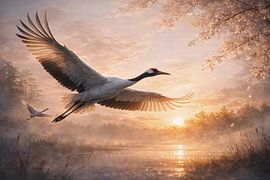 Anmutiger Kranich fliegt bei Sonnenaufgang von Dodik Hariyono