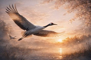 Graceful Crane Flying at Sunrise by Dodik Hariyono