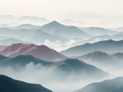 Majesteit van de nevelige bergen: Lagen van rust in een wazig blauw en roze landschap