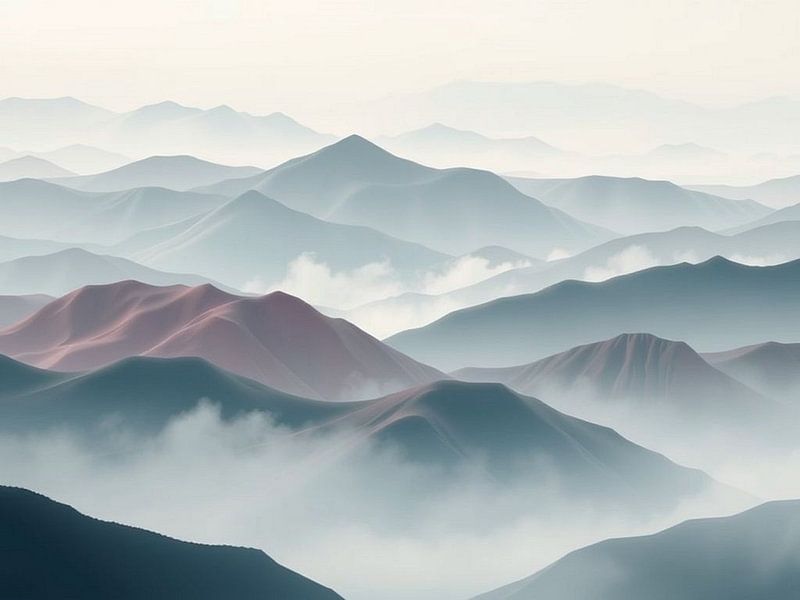 Majesté des montagnes brumeuses : Des couches de sérénité dans un paysage bleu brumeux et rose par Artistic