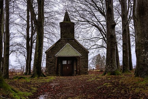 Klein kerkje tussen de bomen op een regenachtige dag.