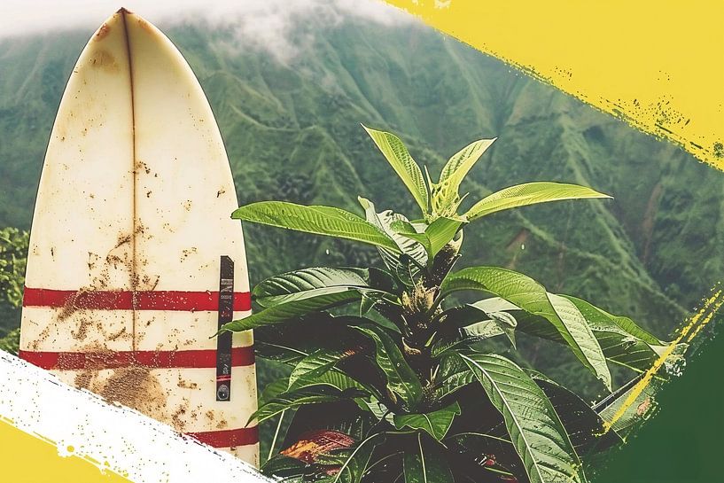 Surfplank en tropische plant met bergzicht van Art & Soul Creations