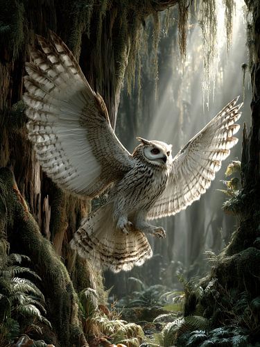 Vliegende uil in het licht van het bos