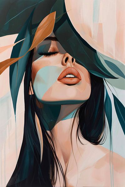 Portrait moderne d'une femme élégante avec des feuilles par Art & Soul Creations
