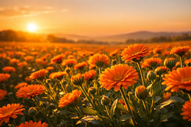 Blühendes Ringelblumenfeld im goldenen Sonnenaufgang als Landschaftsbild von ButterflyPix