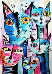 Katzenfamilie, Aquarell von Jacky