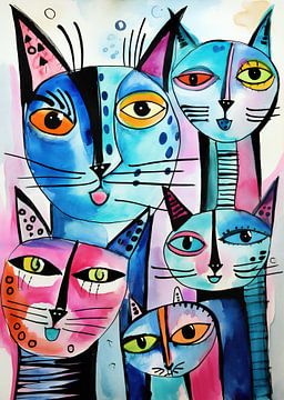 Katten Familie, Aquarel van Jacky