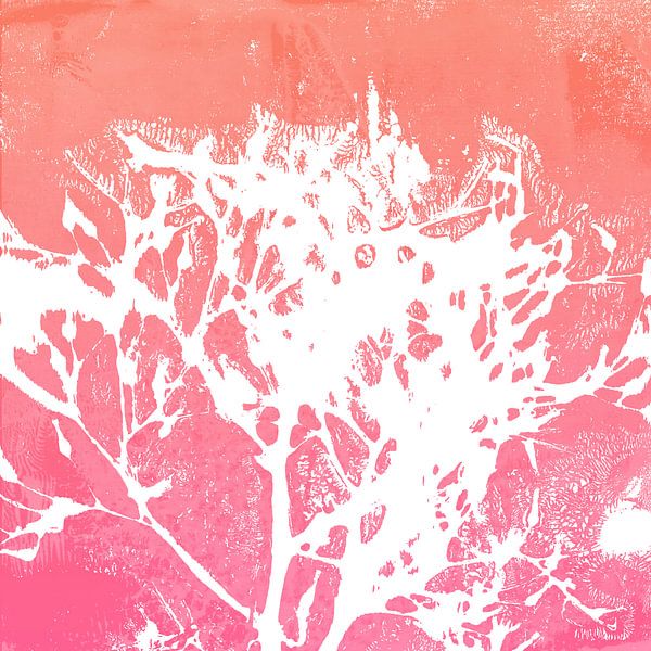 Botanische kunst in Japandi  stijl. Blad in oranje roze kleurverloop. van Dina Dankers