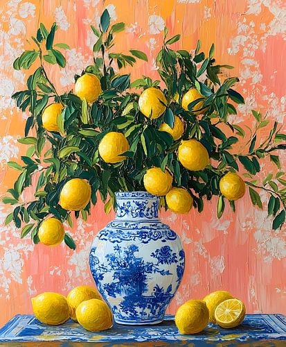 Lemon Wealth: A Cheerful Flower Arrangement in a Blue Vase