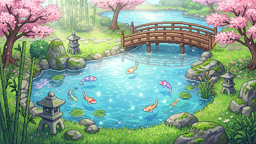 L'étang aux carpes koï du jardin Sakura — Une œuvre paisible de pixel art japonais