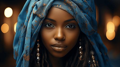 Portret van een jonge Afrikaanse vrouw met kleurrijke heldere ogen, glanzende lippen en een blauwe hoofddoek met bokeh op de achtergrond, filmisch ontwerp