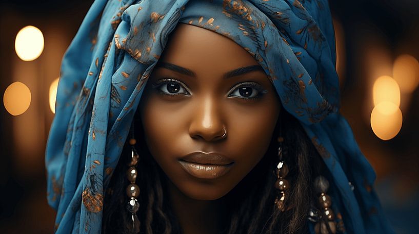 Portrait d'une jeune femme africaine aux yeux colorés et lumineux, aux lèvres brillantes et au foulard bleu avec bokeh en arrière-plan, design cinématographique par Animaflora PicsStock