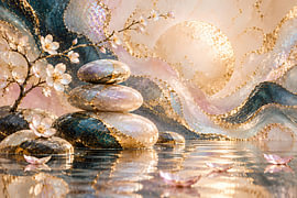 Zen Steine mit Kirschblüten & goldener Sonne | Elegante Zen Kunst in Rosé & Gold | Poster Querformat von ButterflyPix