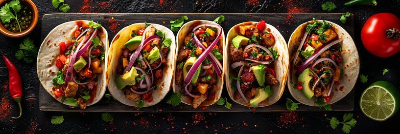 Mexicaanse taco's voedsel fotografie panorama van Digitale Schilderijen