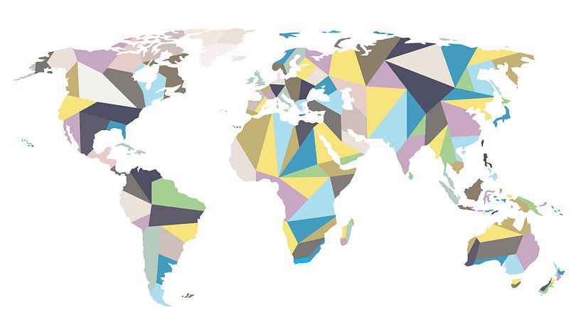 Geometrische Wereldkaart in pastelkleuren van Wereldkaarten.Shop