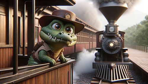 Jonge krokodillenavonturier rijdt in de stoomtrein