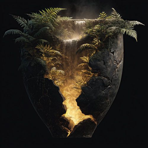 Jungle and waterfall in a cracked vase