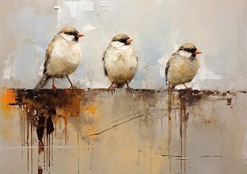 Rustikales Vogelgemälde | Flauschige Vögel von Blickfänger Gemälde