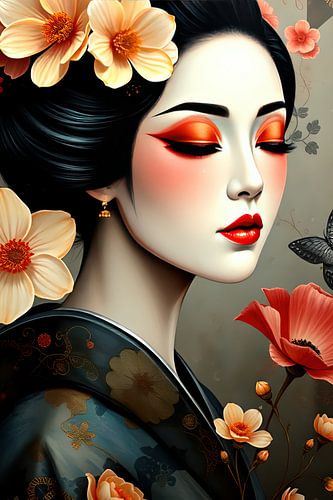 schilderij Geisha  met bloemen