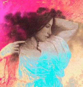 Vintage-Porträt einer jungen Frau in Sepia und Neonfarben. von Dina Dankers