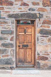 The wooden door with the red dragon in Wales, UK