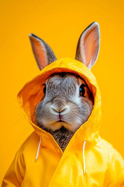 Hasenportrait im Regenmantel vor Gelb von Poster Art Shop