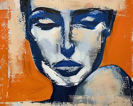 Abstrakte Frau | Abstraktes Portrait Frau mit orangem Hintergrund von Blickfänger Gemälde