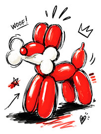 Ballonhund „Woof“ – rote Pop-Art-Illustration von Ramy Salah Hefny