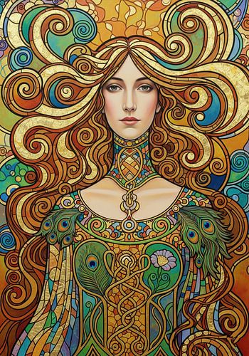 Portrait of Woman with Decorative Elements in Art Nouveau Style
