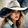 Mooi cowgirl meisje met grijze hoed en shirt - aquarel portret van A.D. Digital ART