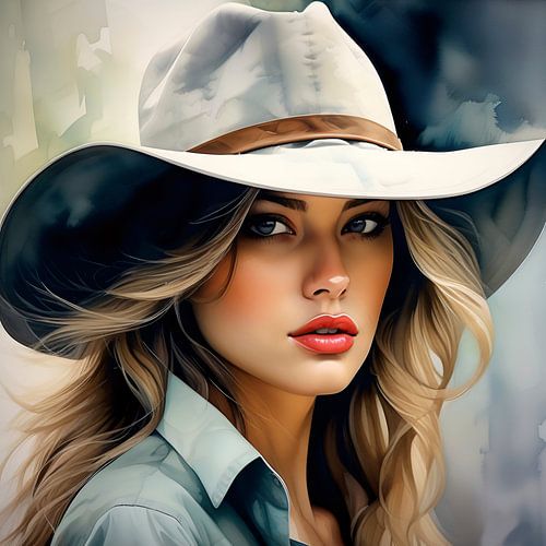 Mooi cowgirl meisje met grijze hoed en shirt - aquarel portret