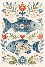 Poisson décoratif de style folk art avec des fleurs (IA) (thème marin, maison de plage, style côtier, joyeux) sur Natalie Bruns