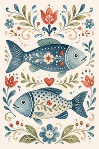 Poisson décoratif de style folk art avec des fleurs (IA) (thème marin, maison de plage, style côtier, joyeux)
