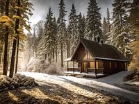 Cottage in snowy pine forest