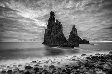 Rocks on the beach in Madeira (black and white)