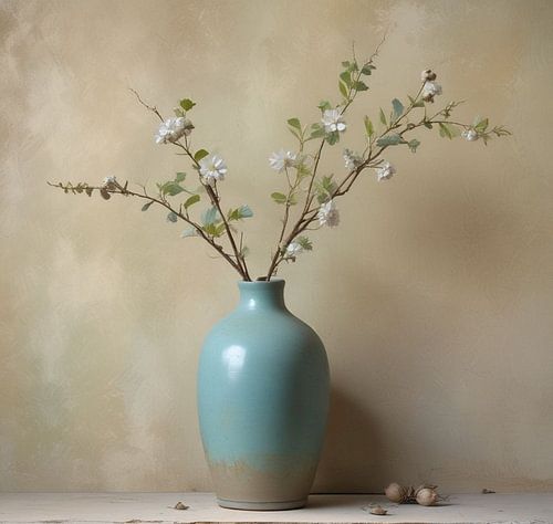 vase bleu avec branches nature morte rosée précoce
