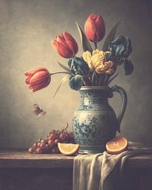 Klassisches Stillleben mit Tulpen, Obst und einem Schmetterling
