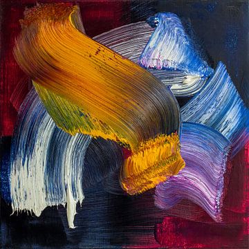 Abstract olieverf schilderij, geel, blauw, wit, paars, donkerrood en zwart van BowiScapes abstract en digitale kunst