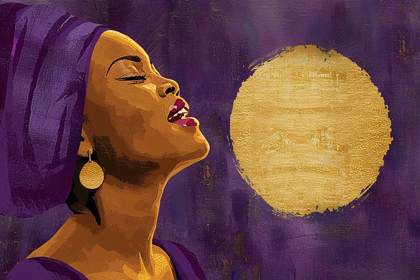 African woman with purple cloth and golden moon by Art & Soul Creations